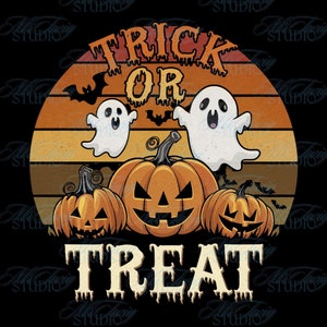 Truco o trato PNG, divertida calabaza fantasma de Halloween, sublimación de temporada espeluznante, arte retro de garabatos para camisetas y manualidades