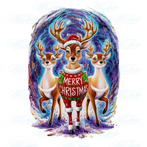Merry Christmas Png - Sweet Cute 3 Deers Reindeer Sublimation Design, Digital Download, Christmas Printable for Holidays