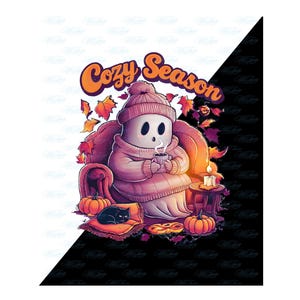 Cozy Season Ghost PNG Clipart - Cute Halloween Ghost with Coffee & Pumpkin, Fall Autumn Design for T-Shirts, Mugs, Stickers, DTF Sublimation