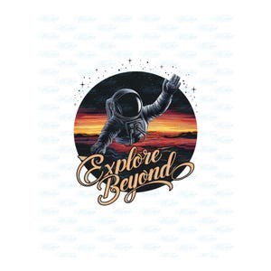 Explorar más allá (PNG), Astronauta (PNG), Dibujos animados del espacio (PNG), Planetas coloridos (PNG), Clipart del espacio solar, Diseño de sublimación de camisetas, Descarga digital