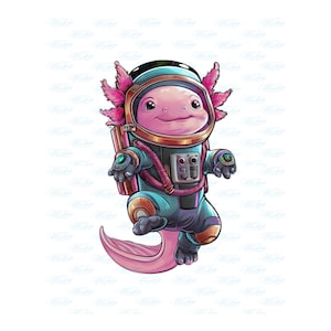 Lindo astronauta axolotl PNG / Adorable axolotl Clipart, diseño de sublimación rosa y arcoíris, descarga digital colorida
