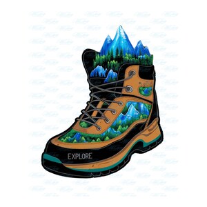 Hiking Boots PNG - Explore Nature, Seek Adventure - Sunrise Mountain Camping Digital Artwork for Outdoors Enthusiasts