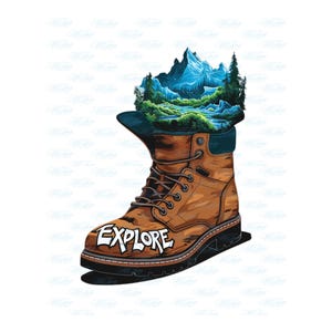 Explore Hiking Boots PNG - Explore Nature, Seek Adventure - Sunrise Mountain Camping Digital Artwork for Outdoors Enthusiasts
