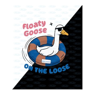 Op de afbeelding: Een cartoon illustratie van een witte gans met een zonnebril, drijvend in een blauw en bruin zwemband. De tekst "Floaty Goose" staat boven de gans en "On The Loose" eronder. De achtergrond is diagonaal verdeeld in zwart en wit.