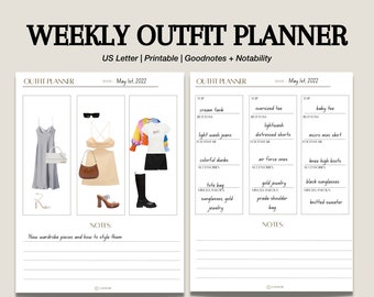 May include: A weekly outfit planner with outfit ideas and a space for notes. The planner includes outfit illustrations with clothing items like a cream tank, light wash jeans, and colorful sneakers. The text at the top reads "WEEKLY OUTFIT PLANNER".