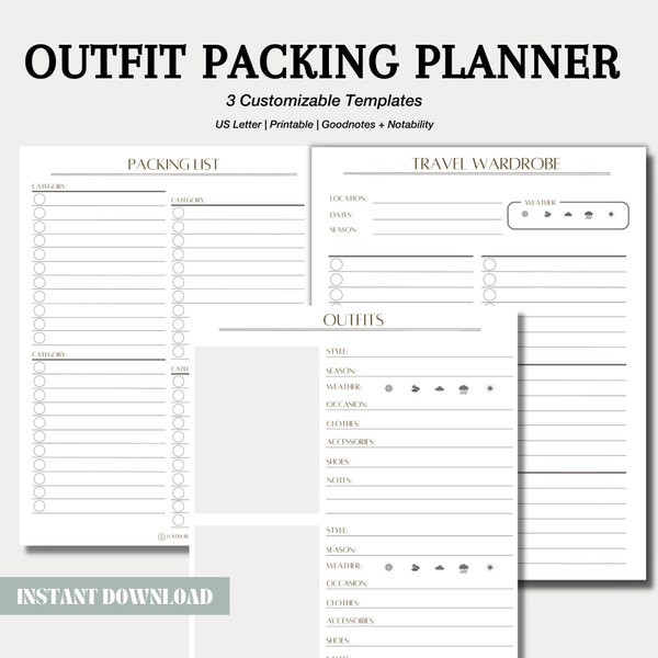 Outfit Packing Templates | Travel Wardrobe | Outfit Planner | Packing List | Printable | Goodnotes, Notability, etc. | Instant Download