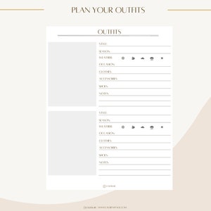 May include: A white planner page with the text "PLAN YOUR OUTFITS" and "OUTFITS" in a serif font. The planner includes sections for style, season, weather, occasion, clothes, accessories, shoes, and notes. Weather icons include sun, cloud, rain, and snow.