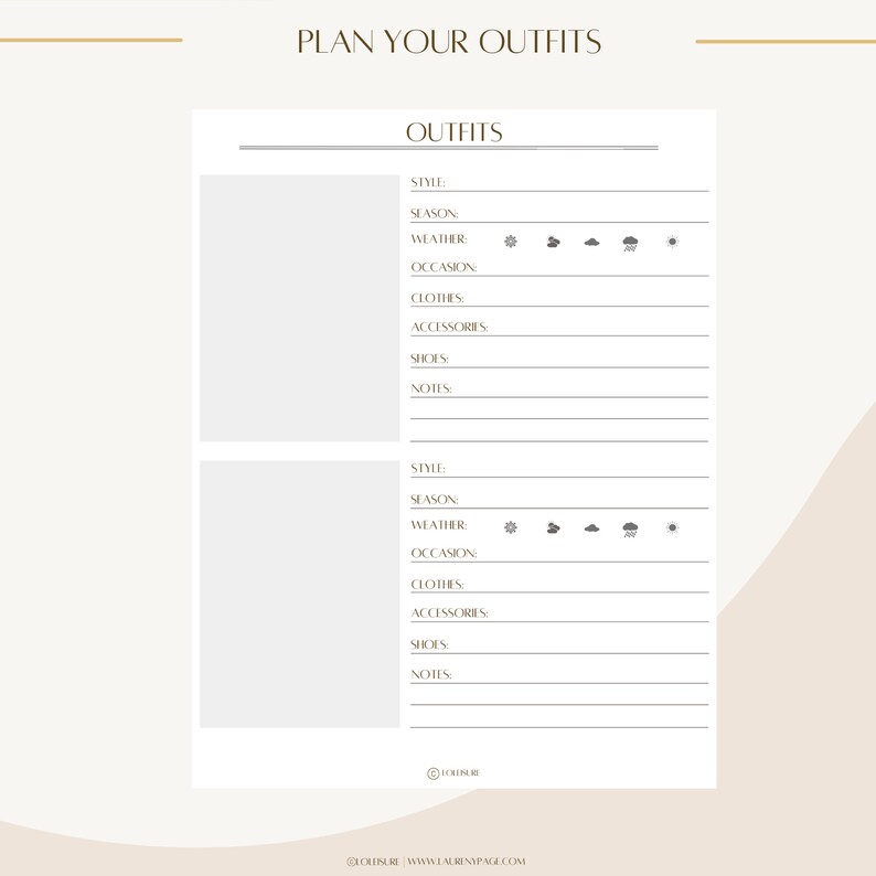 May include: A white planner page with the text "PLAN YOUR OUTFITS" and "OUTFITS" in a serif font. The planner includes sections for style, season, weather, occasion, clothes, accessories, shoes, and notes. Weather icons include sun, cloud, rain, and snow.