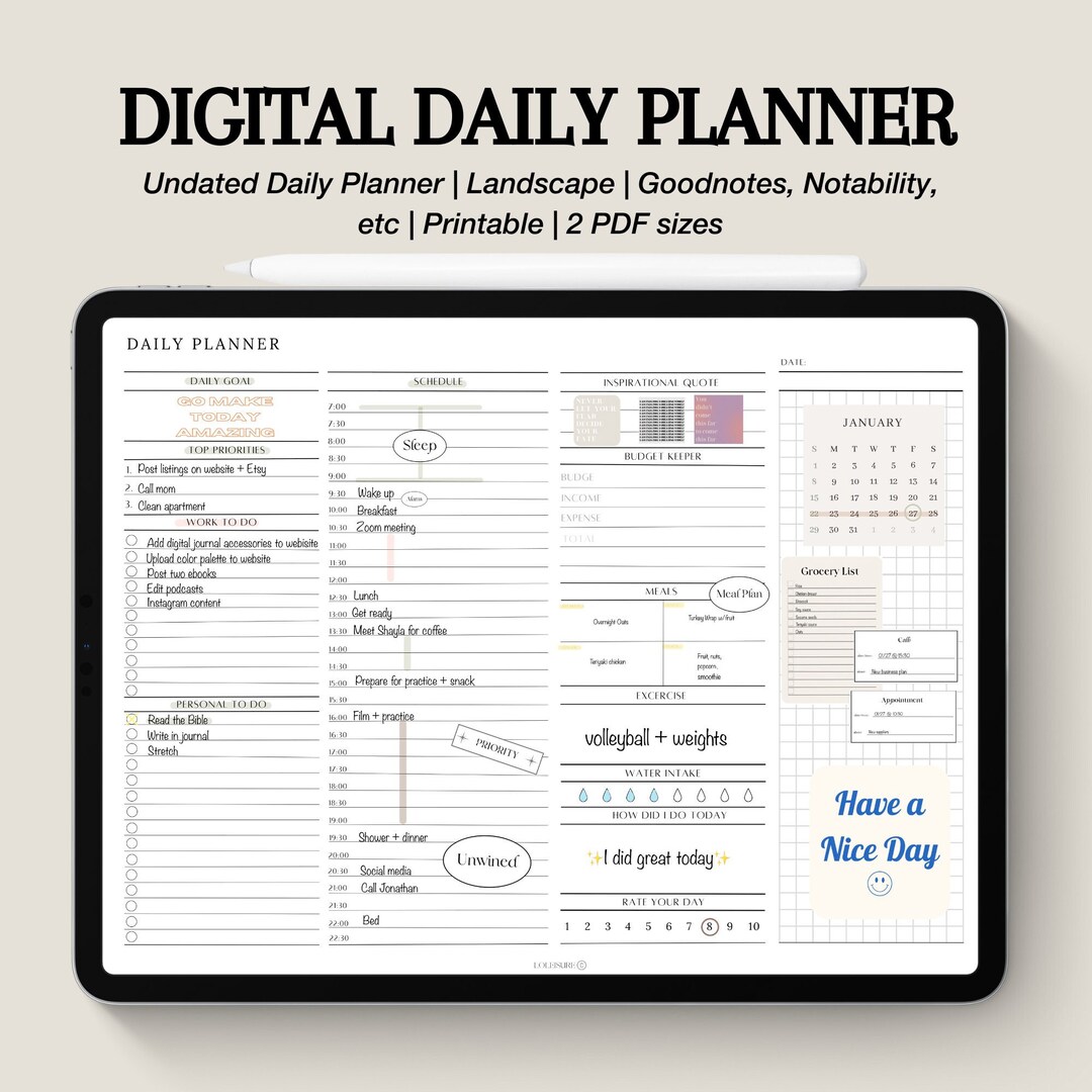 Daily Horizontal DIGITAL and PRINTABLE Planner | Goodnotes, Notability ...