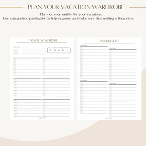 May include: A travel wardrobe and packing list planner with the text "PLAN YOUR VACATION WARDROBE". The planner has sections for location, dates, season, and weather. The packing list has category sections.