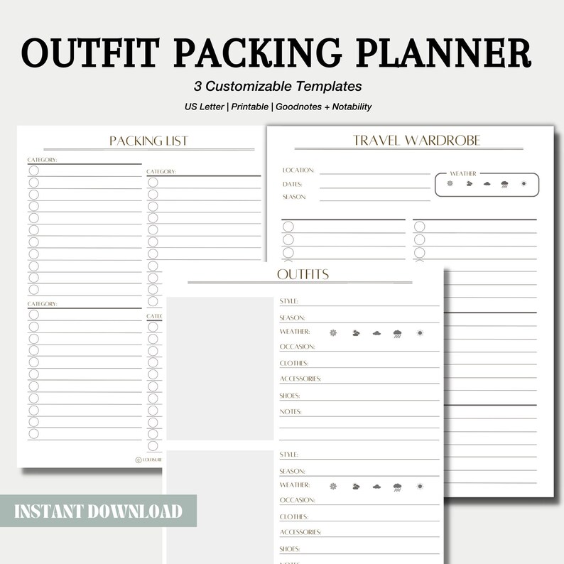 May include: A printable outfit packing planner with three customisable templates. The planner includes packing lists, travel wardrobe sections, and outfit planning pages. The text "OUTFIT PACKING PLANNER" is at the top.