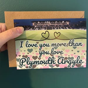 Tarjeta de San Valentín, aniversario, cumpleaños, tarjeta de Argyle de Plymouth, parque local, EFL Greens, PAFC Pilgrims