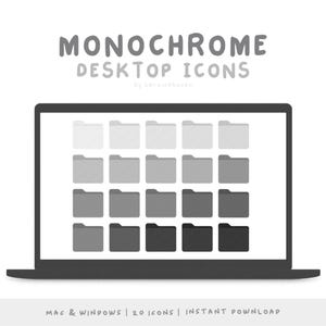 May include: A grayscale image of a laptop displaying a collection of monochrome desktop icons. The icons are arranged in a grid of folders, ranging in shades from light to dark gray. The text "MONOCHROME DESKTOP ICONS" is at the top.