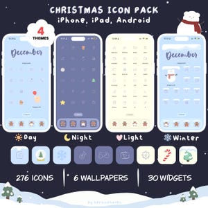 May include: A digital Christmas icon pack for iPhone, iPad, and Android featuring four themes: Day, Night, Light, and Winter. The set includes 276 icons, 6 wallpapers, and 30 widgets with festive graphics like snowmen, gingerbread men, and candy canes.
