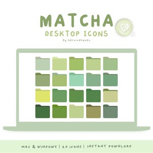 Puede incluir: Ilustración digital de una pantalla de portátil que muestra iconos de escritorio verdes. Las palabras "MATCHA DESKTOP ICONS" están en la parte superior, con "by heroinehaven" debajo. La parte inferior de la pantalla dice "MAC & WINDOWS | 20 ICONS | INSTANT DOWNLOAD".