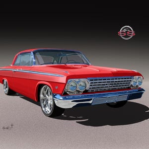 Könnte beinhalten: Ein rotes Oldtimer-Auto mit Chromdetails und einem blauen Windschutzscheibenrahmen. Das Auto hat einen Chromgrill und Scheinwerfer. Das Bild enthält das SS-Logo. Das Auto steht auf einer grauen Oberfläche.