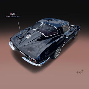 May include: A black vintage Corvette coupe, viewed from above, with chrome accents and a red interior. The car has a sleek, aerodynamic design, with the text "Corvette" visible on the rear. The image includes the text "FUEL INJECTION".