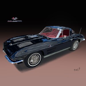 May include: A black vintage sports car with a red interior. The car has chrome accents, white-walled tires, and the text "FUEL INJECTION" in the upper left corner. The car is set against a gradient background.