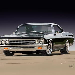 Könnte beinhalten: Illustration eines klassischen schwarzen und silbernen Coupé-Autos mit Chromdetails. Das Auto hat ein schlankes Design, sichtbare Scheinwerfer und einen detaillierten Kühlergrill. Das Auto steht auf einer sandigen Oberfläche mit dunklem Hintergrund.