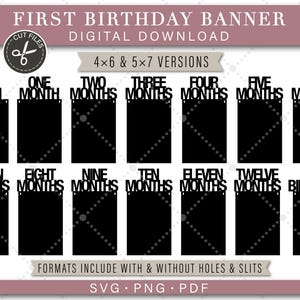 May include: A digital download banner set for a first birthday celebration. The banner includes cut files for each month, from "New Born" to "First Birthday." Available in 4x6 and 5x7 versions, with and without holes and slits. Formats include SVG, PNG, and PDF.