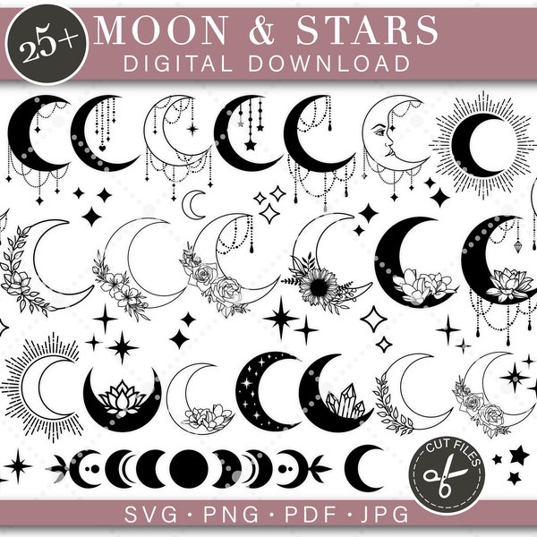 Moon SVG Bundle Floral Moon svg Moon and Stars SVG Crescent Moon Svg Celestial Svg Moon Clipart Moon Cricut Moon Cut file Moon Silhouette