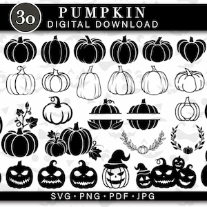 May include: A collection of 30 pumpkin-themed digital download graphics in black and white. The designs include various pumpkin shapes, jack-o'-lantern faces, and decorative elements. Text at the top reads "PUMPKIN DIGITAL DOWNLOAD". File formats include SVG, PNG, PDF, and JPG.