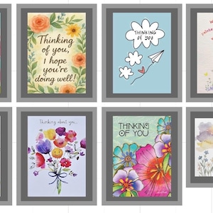 May include: A collection of eight greeting cards with various floral and inspirational designs. The cards feature watercolor illustrations of flowers, clouds, and uplifting messages such as "Thinking of you" and "Wishing you a day."
