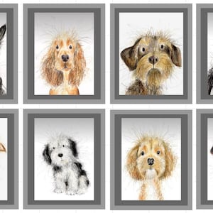 May include: A set of eight framed dog portraits. Each portrait features a different dog breed, rendered in a sketch-like style with varying colors, including black, white, brown, and tan. The dogs have expressive eyes and unique fur textures.