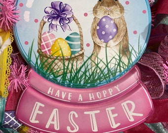 Easter Bunny Wreath for Front Door, Home Decor, Wall Decor, Easter Wreath, Spring Door Hanger, Purple, Yellow and Pink