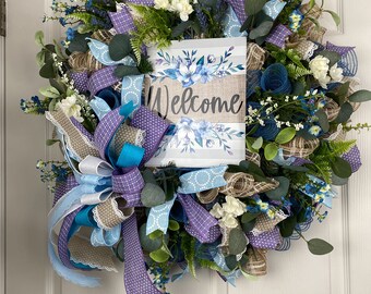 Welcome Wreath for Front Door, Summer Door Hanger, Spring Wreath, Blue and Purple