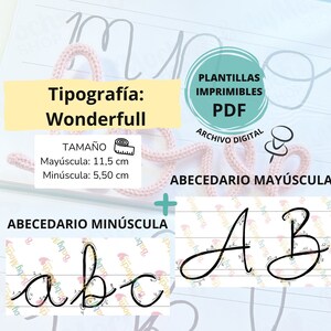 May include: Printable alphabet templates in a cursive font style. The font is called "Wonderfull" and includes uppercase and lowercase letters. The size of the uppercase letters is 11.5 inches and the lowercase letters are 5.5 inches.
