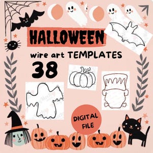 Puede incluir: Una descarga digital de 38 plantillas de arte de alambre de Halloween. Las plantillas incluyen un fantasma, una calabaza, Frankenstein y un murciélago. El texto "HALLOWEEN wire art TEMPLATES 38 DIGITAL FILE" está en la imagen.