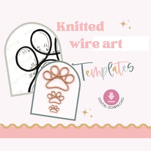 Puede incluir: Un gráfico de descarga digital con "Plantillas de arte de alambre tejido". La imagen muestra un diseño de huella de pata y una plantilla de arte de alambre. La paleta de colores incluye rosa, blanco y marrón, con un icono de descarga digital.