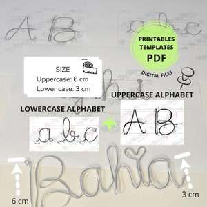 Può includere: Modelli di alfabeto stampabili in formato PDF per lettere maiuscole e minuscole. I modelli sono progettati per creare lettere in filo metallico, con un nome di esempio "Bahia" mostrato in filo metallico. Le lettere maiuscole sono alte 6 cm e le lettere minuscole 3 cm.