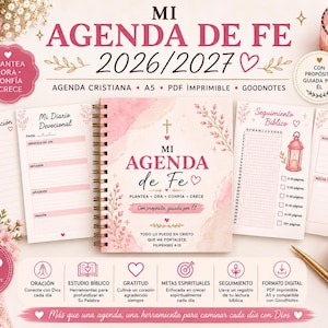 May include: A spiral-bound 2026/2027 faith planner titled MI AGENDA DE FE with pink watercolor accents. The set includes pages for prayer lists, devotional entries, Bible tracking, and gratitude logs, featuring floral illustrations and religious text.