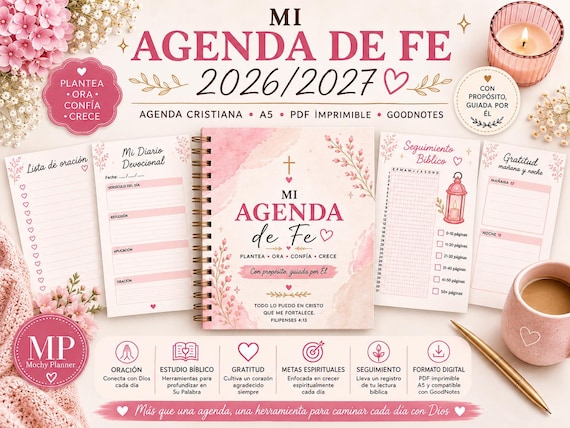Agenda Cristiana 2026-2027 Español | Diarios devocional Planner Bíblico | diario de oracion | PDF Imprimible A5 | PRECIO LANZAMIENTO