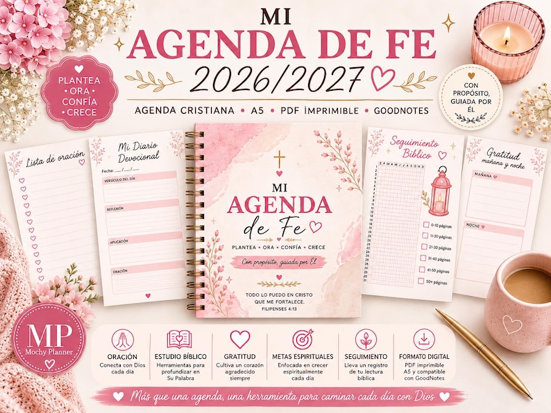 Może przedstawiać: Spiralny planer wiary 2026/2027 zatytułowany MI AGENDA DE FE z r&oacute;żowymi akcentami akwarelowymi. Zestaw zawiera strony na listy modlitewne, wpisy do dziennika, śledzenie czytania Biblii i wdzięczność, z motywami kwiatowymi oraz religijnym tekstem.