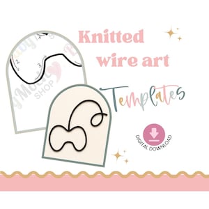Puede incluir: Plantillas digitales para arte de alambre tejido. La imagen muestra dos plantillas con diseños de alambre negro sobre un fondo blanco. El texto dice "Knitted wire art Templates" y "Digital Download". La combinación de colores incluye rosa, dorado y turquesa.