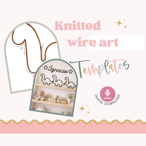 Puede incluir: Una plantilla digital para arte de alambre tejido. La imagen presenta un diseño de dinosaurio de alambre, una estantería con objetos decorativos y el texto "Knitted wire art Templates" y "Digital Download".