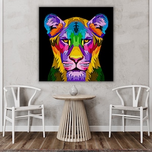 Portrait painting lioness pop art, lion without mane, painting animals, majestic lion, original decoration, modern decoration, multicolored canvas