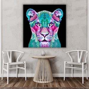 Canvas portrait lioness pop art, lion without mane, the king of the jungle, painting animals, colorful painting, Original wall decoration, deco idea