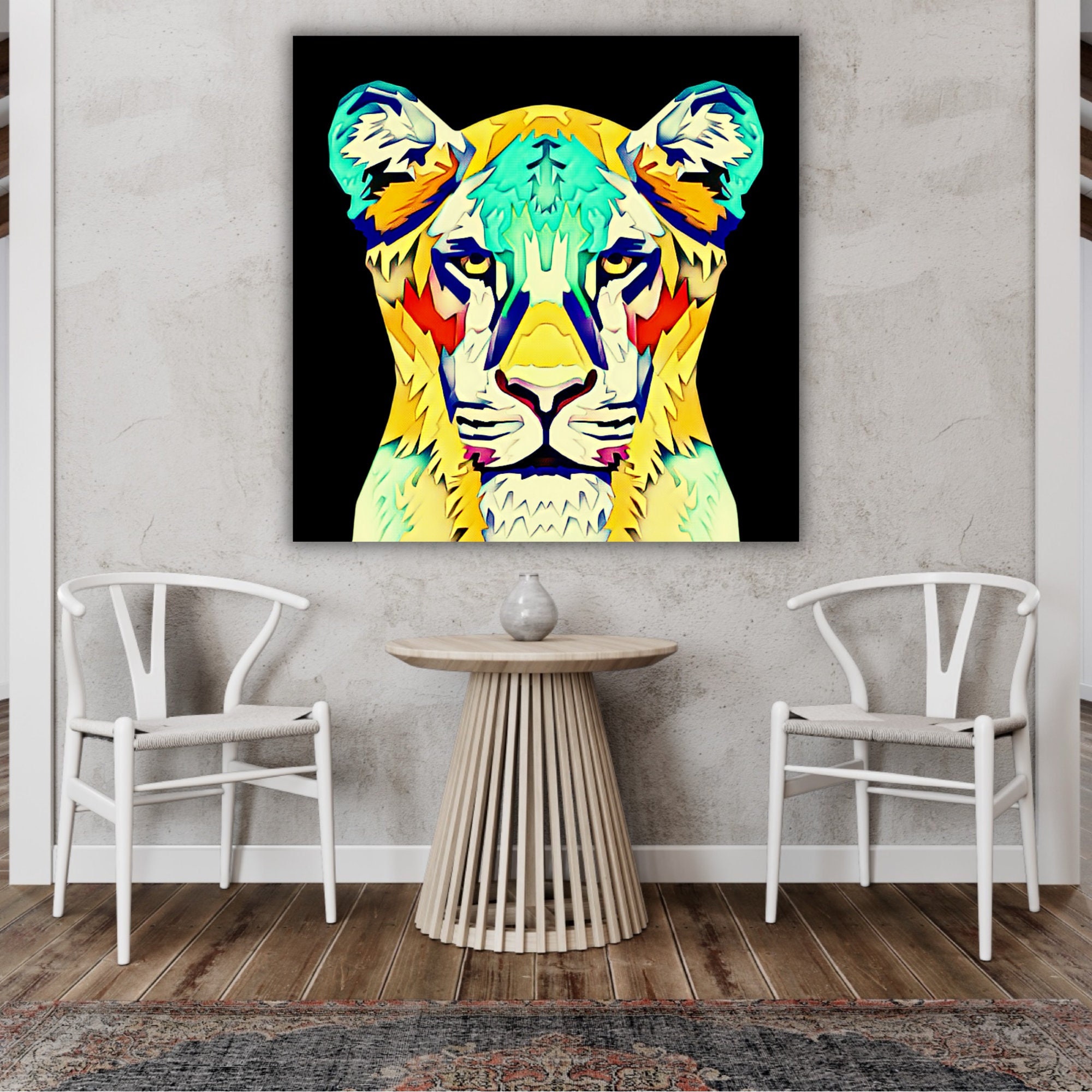 Toile Portrait Lionne Pop Art, Lion Sans Crinière, Tableau Animaux, Majestueux, Coloré, Idée Cadeau 
