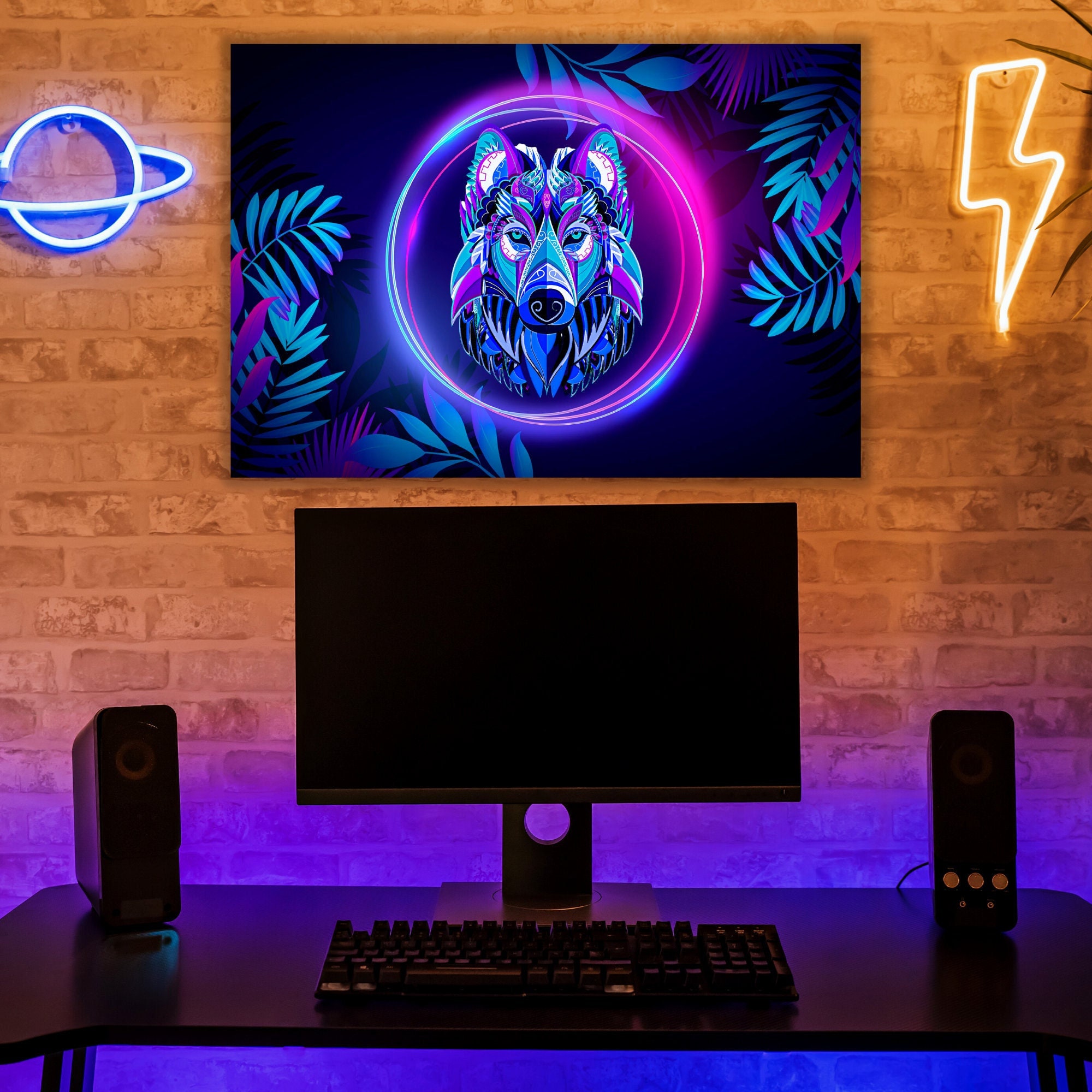 Tableau Décoration Studio, Logo Décoration, Néon, Loup, Idée Gamer, Plantes, Pour Ambiance Cosy