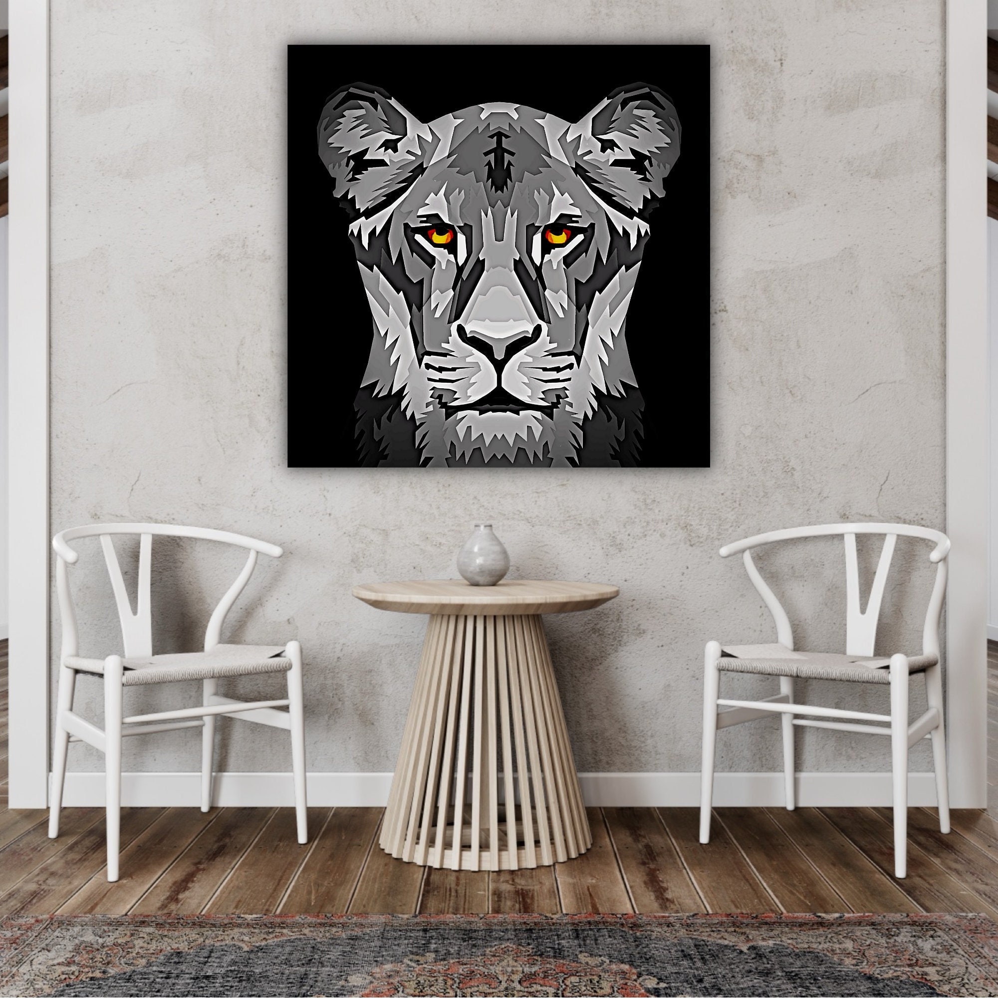 Tableau Portrait Lionne, Lion Sans Crinière, Animaux Savane , Tableau Animaux, Noir et Blanc, Décor 