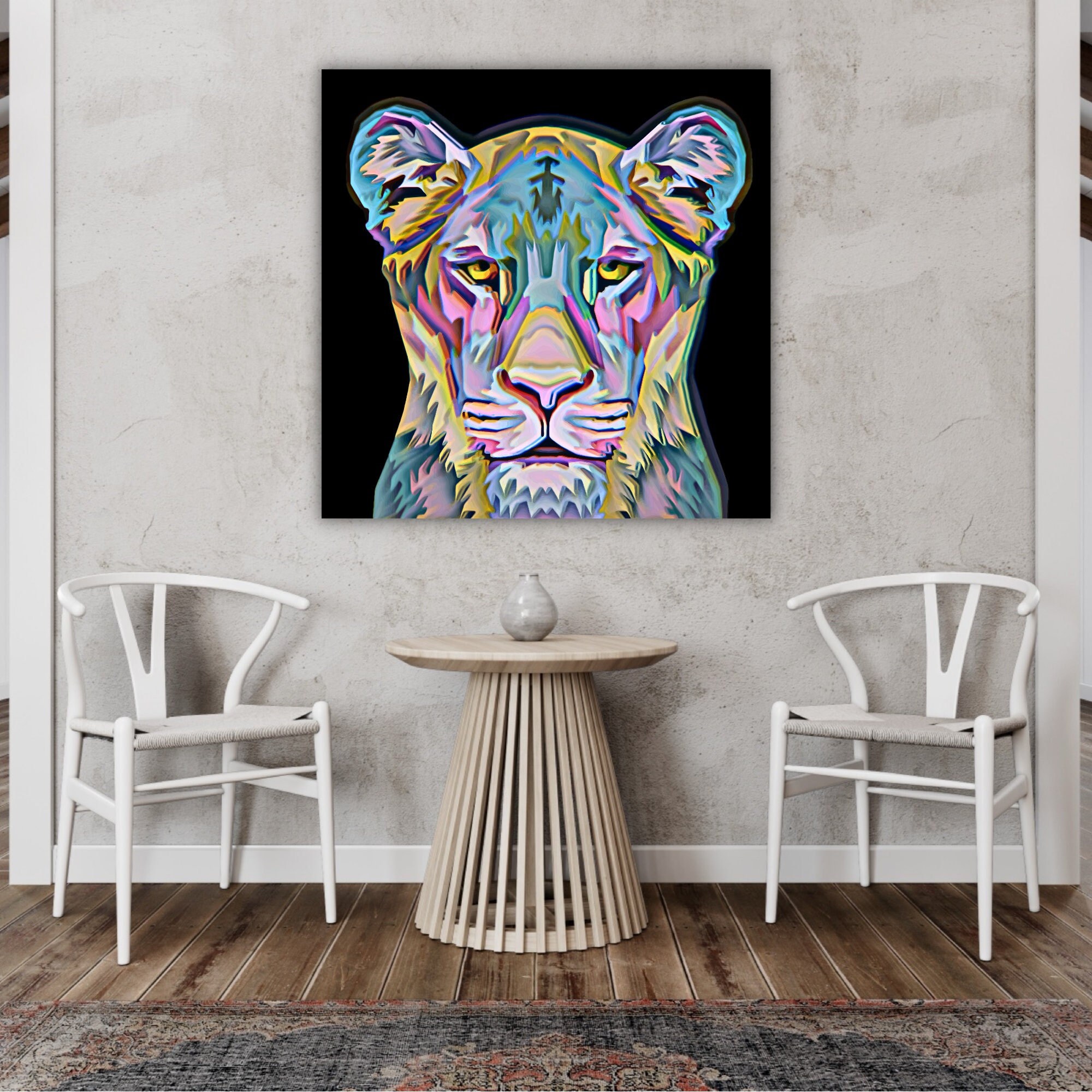 Tableau Portrait Lionne Pop Art, Lion Sans Crinière, Animal Savane, Tableau Animaux, Coloré, Décor M