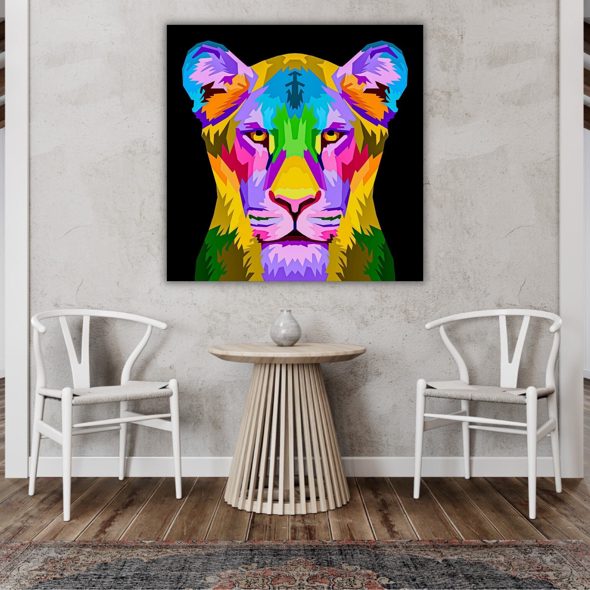 Tableau Portrait Lionne Pop Art, Lion Sans Crinière, Le Roi de La Jungle, Tableau Animaux, Coloré, D