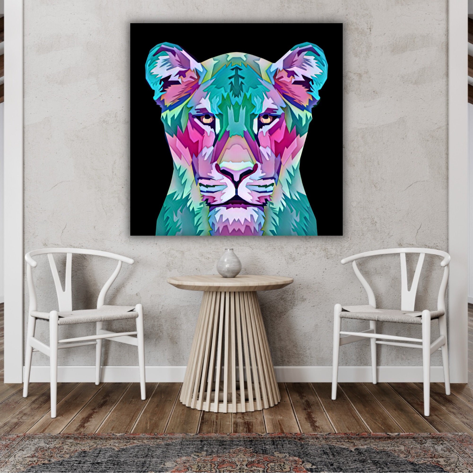 Toile Portrait Lionne Pop Art, Lion Sans Crinière, Le Roi de La Jungle, Tableau Animaux, Coloré, Déc