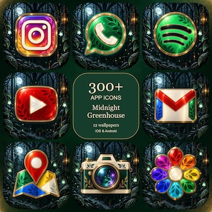 May include: A digital collection of 300+ app icons and 12 wallpapers titled Midnight Greenhouse, featuring ornate, gold-rimmed icons for Instagram, WhatsApp, Spotify, YouTube, Gmail, Maps, Camera, and Photos against a dark forest background.
