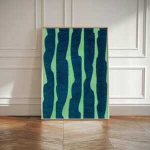 May include: Abstract art print with a green and blue colour scheme. The print features vertical stripes with a wavy, organic pattern.