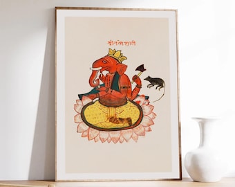 Antique Shri Ganesha poster, Hindu God print, Vintage Ganesha illustration, Indian wall decor, Devotional Puja Print, Digital download,